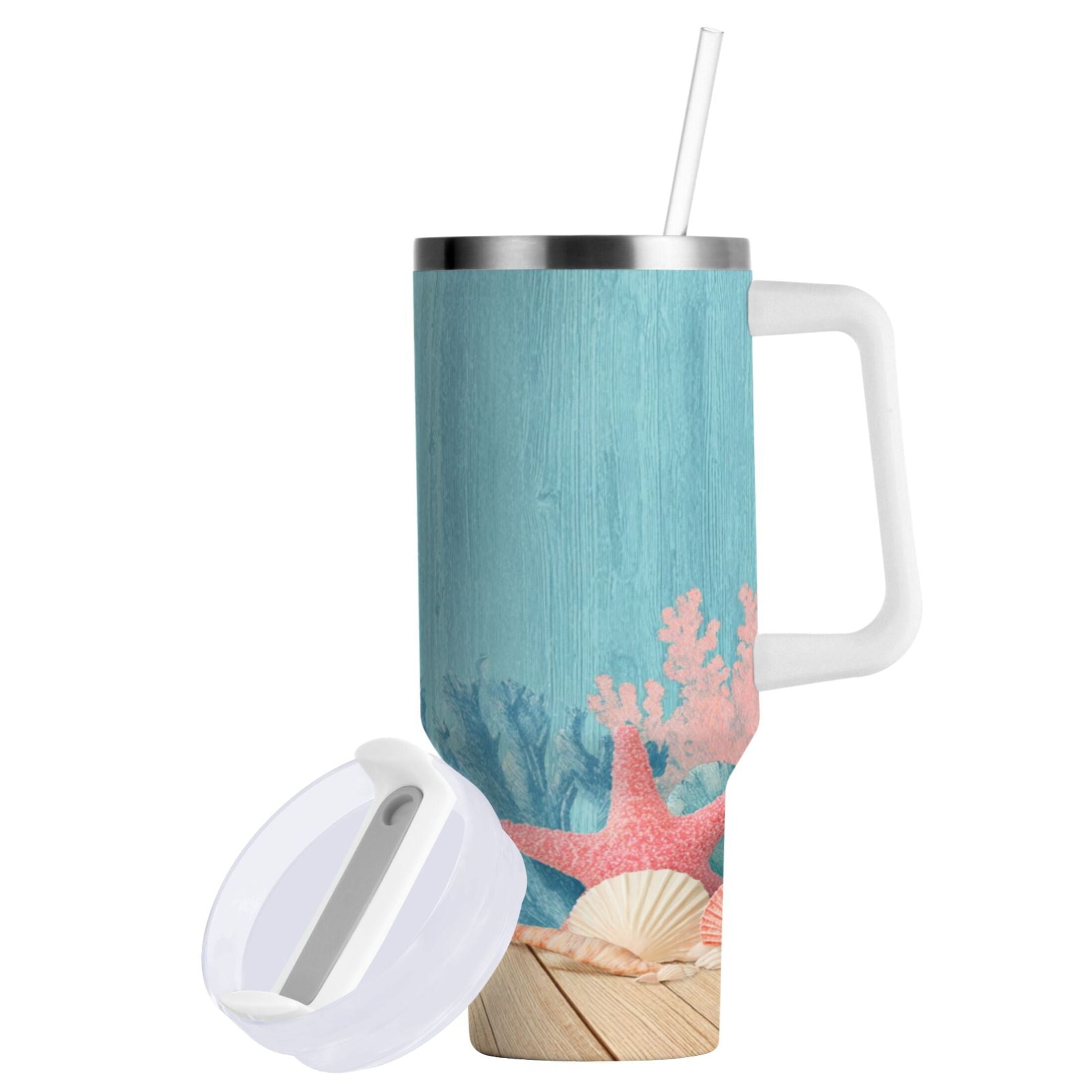 40 oz Insulated Stainless Steel Tumbler Double Wall Stainless Steel Tumbler with 2-Way Drinking Colorful Starfish and Seashells M636V