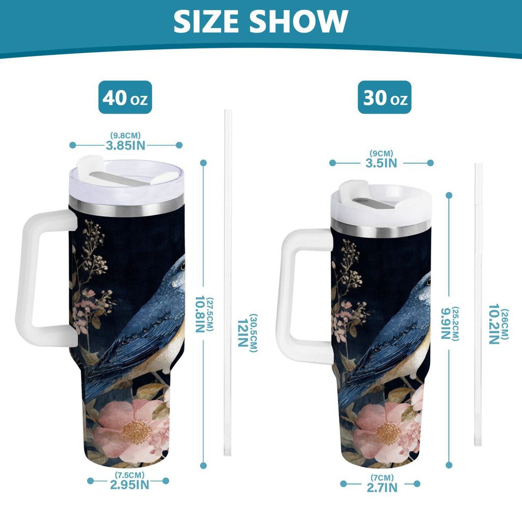 30 oz Insulated Stainless Steel Tumbler Double Wall Stainless Steel Tumbler with 2-Way Drinking Watercolor Vintage Blue Bird M466Q
