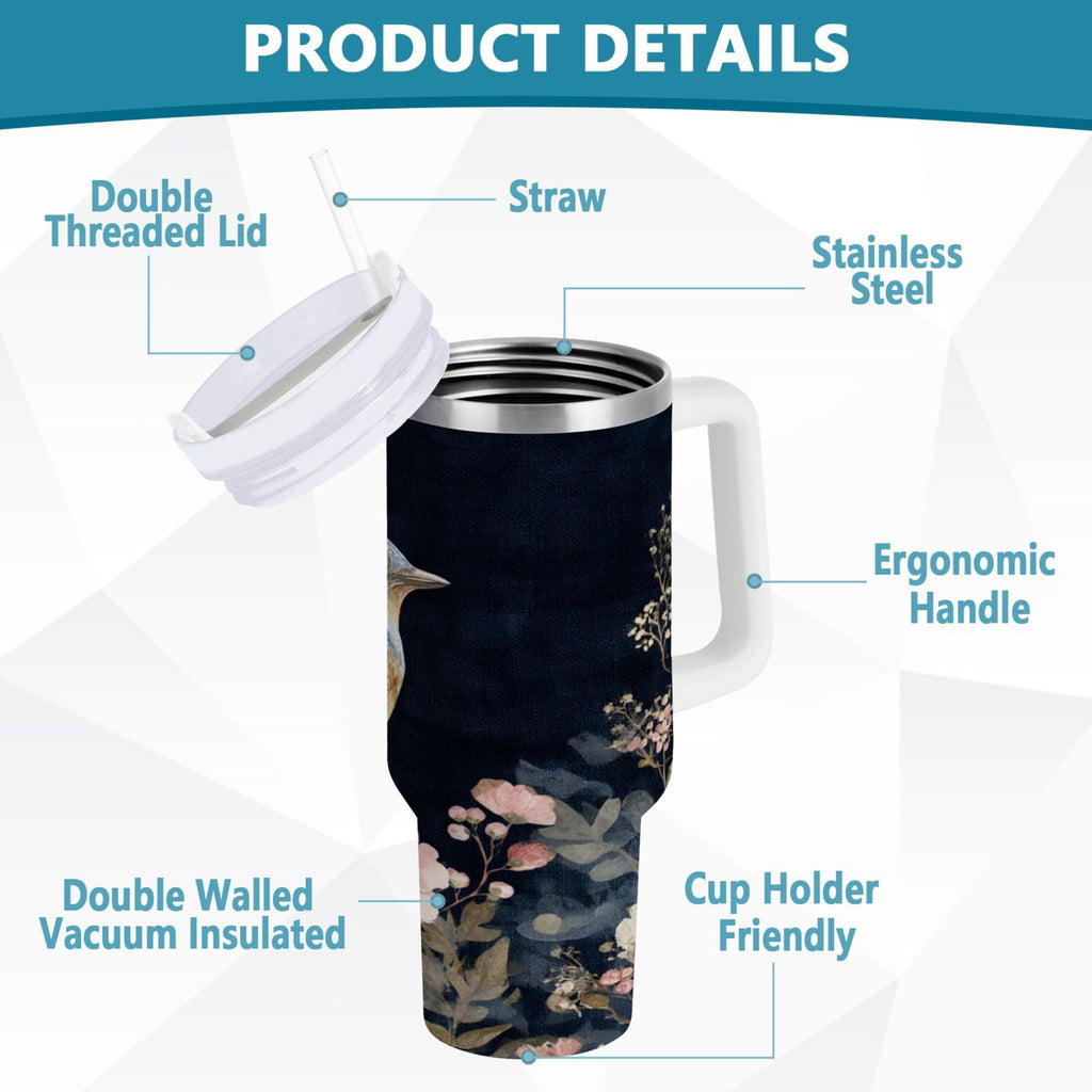 30 oz Insulated Stainless Steel Tumbler Double Wall Stainless Steel Tumbler with 2-Way Drinking Watercolor Vintage Blue Bird M466Q