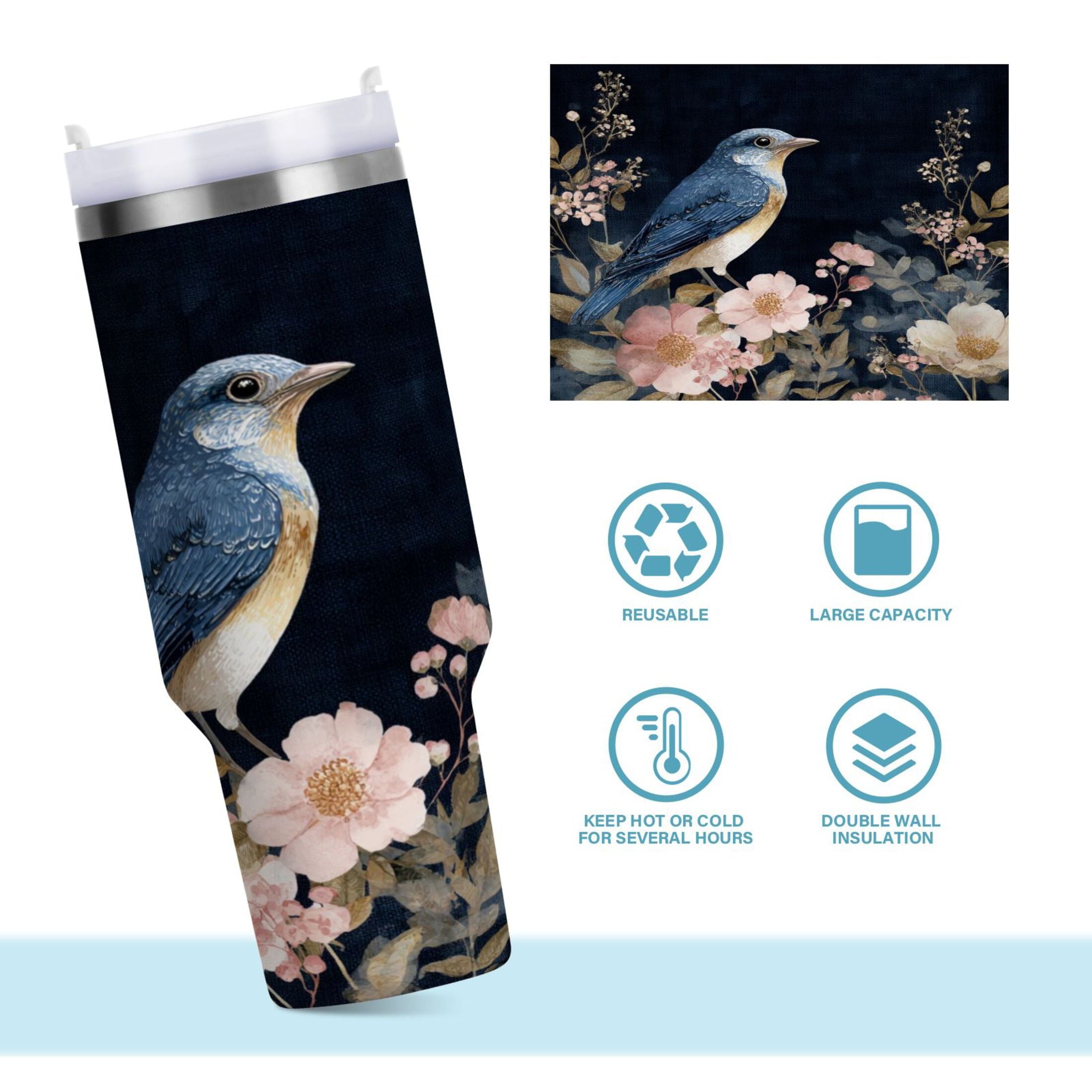 30 oz Insulated Stainless Steel Tumbler Double Wall Stainless Steel Tumbler with 2-Way Drinking Watercolor Vintage Blue Bird M466Q