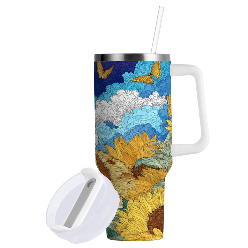 40 oz Insulated Stainless Steel Tumbler Double Wall Stainless Steel Tumbler with 2-Way Drinking Cat Lies in The Sunflowers M651U