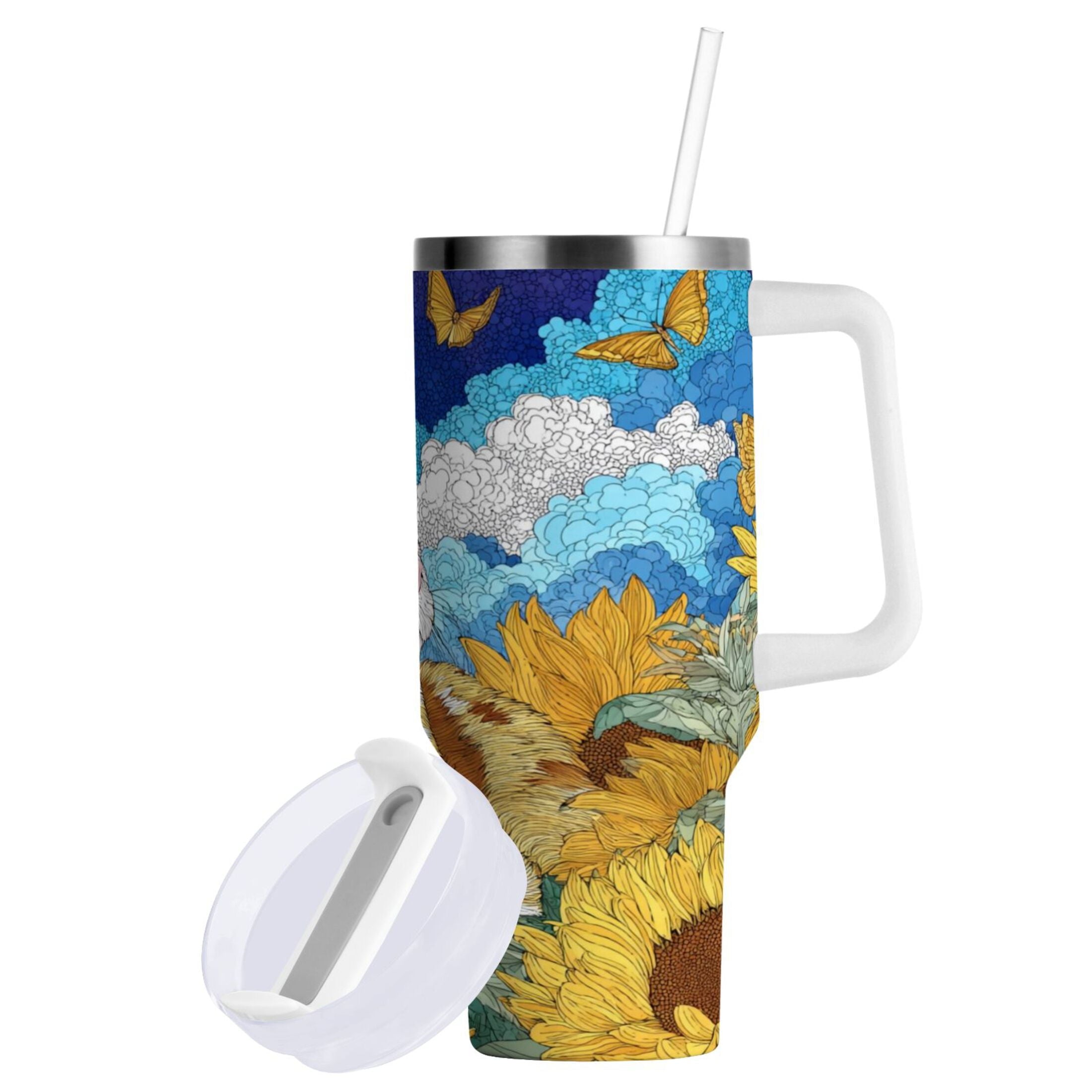 40 oz Insulated Stainless Steel Tumbler Double Wall Stainless Steel Tumbler with 2-Way Drinking Cat Lies in The Sunflowers M651U