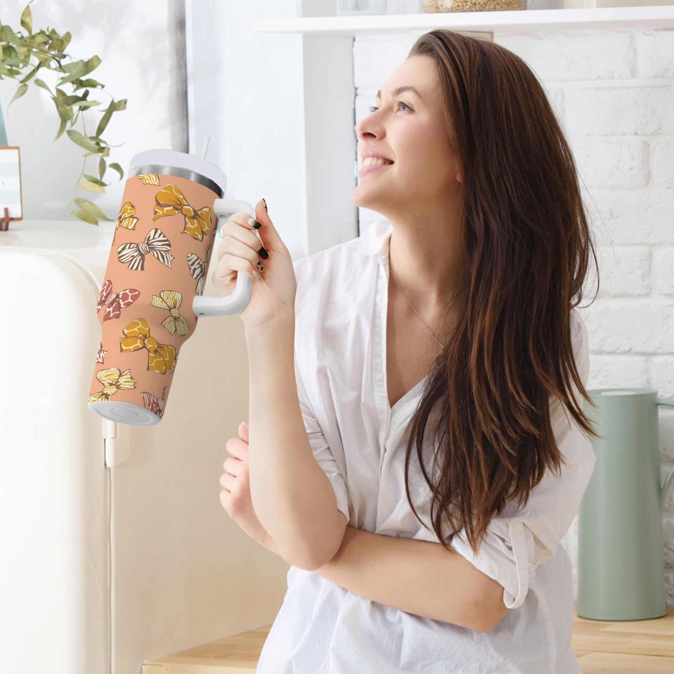 40 oz Insulated Stainless Steel Tumbler Double Wall Stainless Steel Tumbler with 2-Way Drinking Cute Animal Print Bows M678A