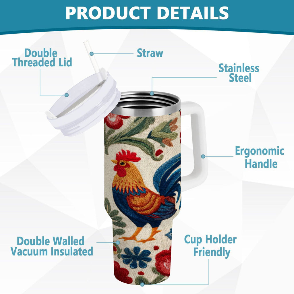 40 oz Insulated Stainless Steel Tumbler Double Wall Stainless Steel Tumbler with 2-Way Drinking Male and Female Chickens M440K