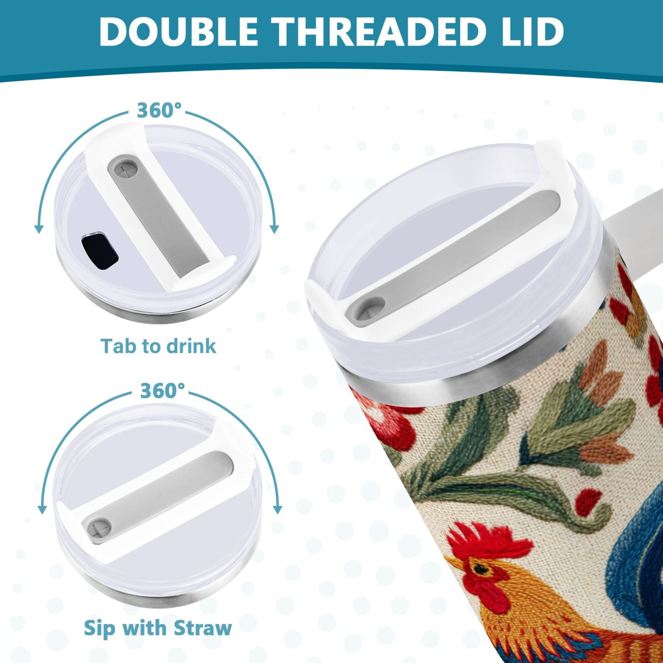 40 oz Insulated Stainless Steel Tumbler Double Wall Stainless Steel Tumbler with 2-Way Drinking Male and Female Chickens M440K