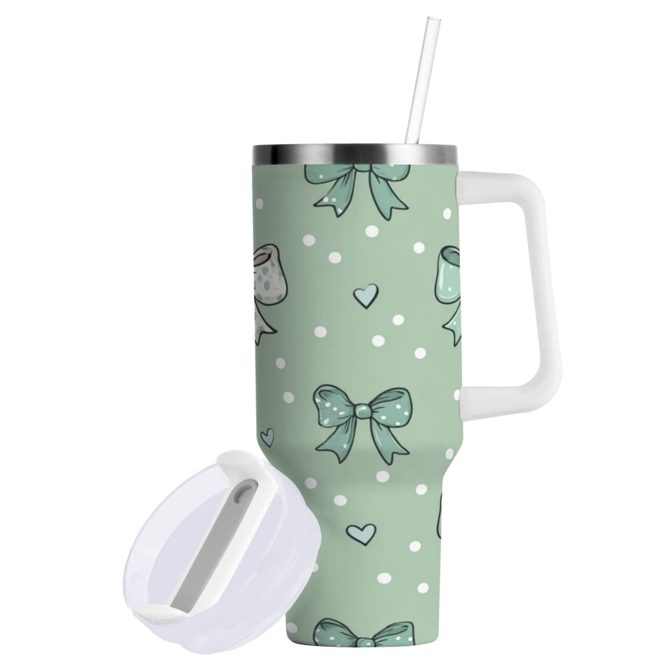 30 oz Insulated Stainless Steel Tumbler Double Wall Stainless Steel Tumbler with 2-Way Drinking Green and Mint Bows M559H