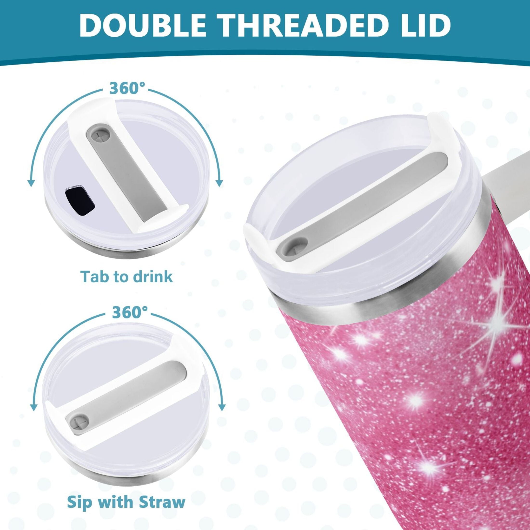 40 oz Insulated Stainless Steel Tumbler Double Wall Stainless Steel Tumbler with 2-Way Drinking Pink Glitter Background M608H