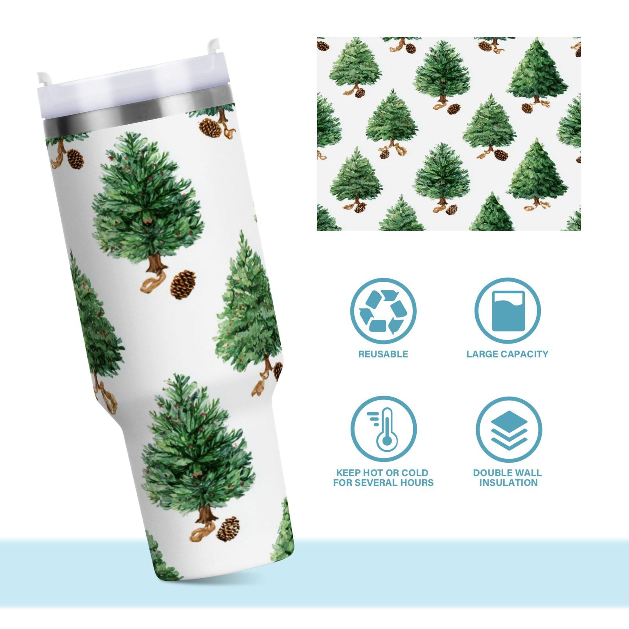 30 oz Insulated Stainless Steel Tumbler Double Wall Stainless Steel Tumbler with 2-Way Drinking Watercolor Green Christmas Tree M533W