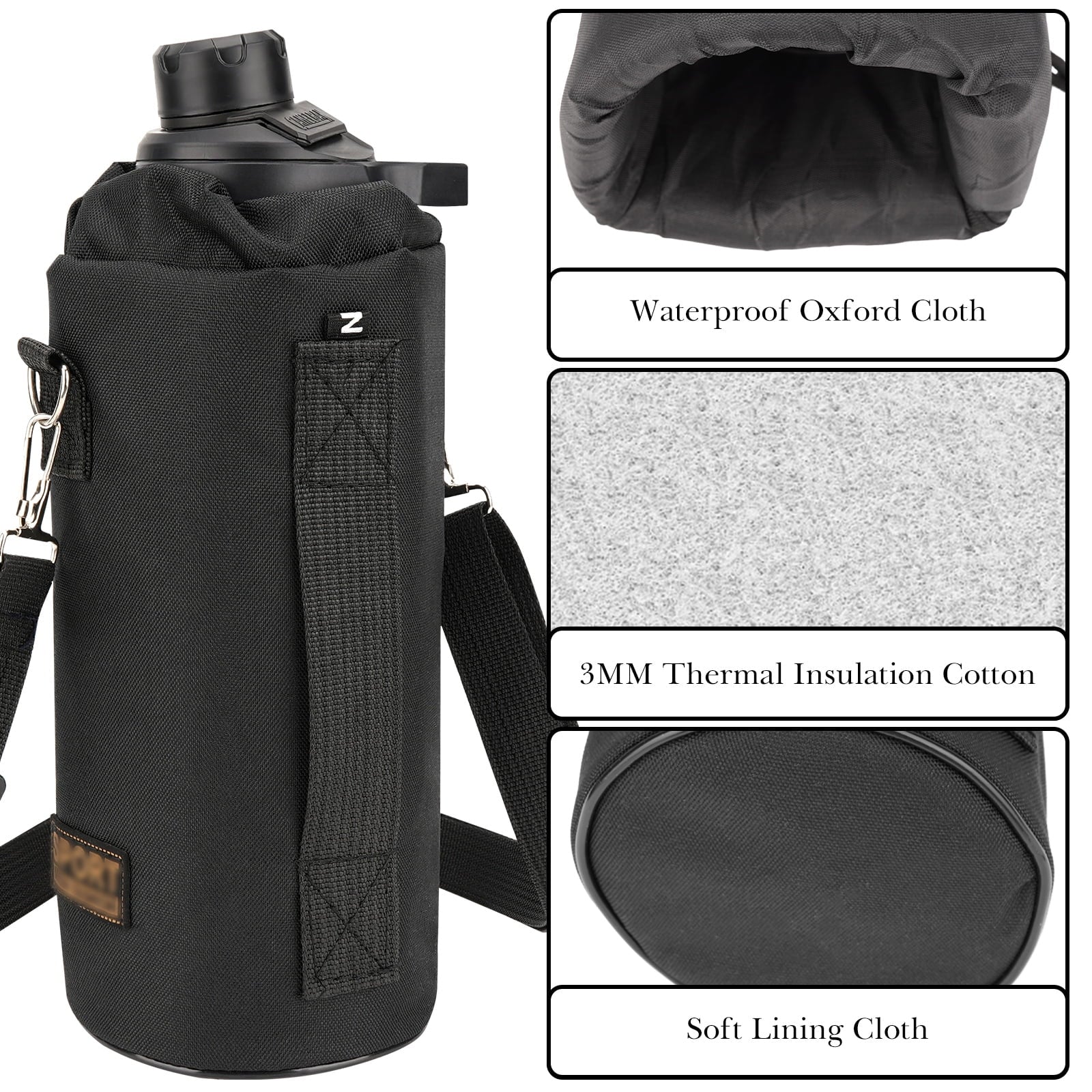 Linkidea Sports Water Bottle Carrier with Strap Compatible with Nalgene Sustain Tritan 48oz, CamelBak Chute Mag 50oz, Thick Waterbottle Cooler Bag Holder Shoulder Strap, Black M216U