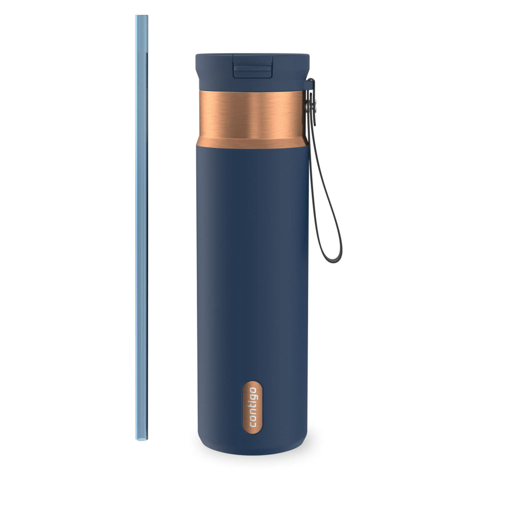 Contigo SnapSeal Leakproof Stainless Steel Reusable Water Bottle with Carrying Strap, Dark Blue/Bronze, 24 oz M24L