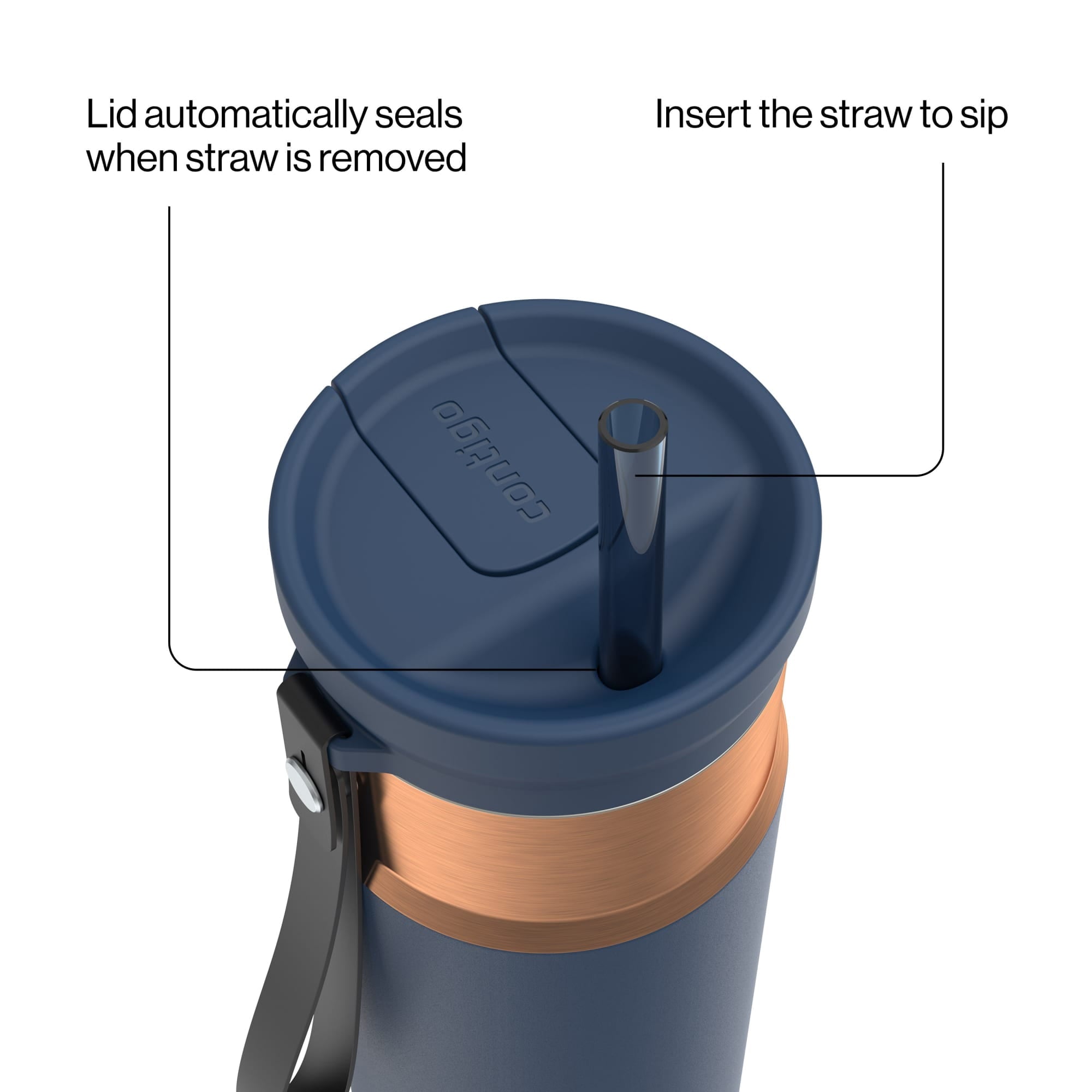 Contigo SnapSeal Leakproof Stainless Steel Reusable Water Bottle with Carrying Strap, Dark Blue/Bronze, 24 oz M24L