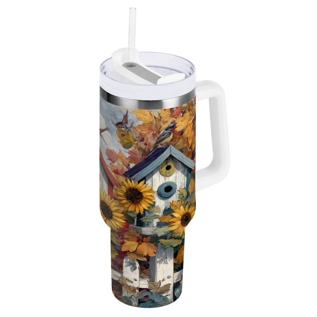 30 oz Insulated Stainless Steel Tumbler Double Wall Stainless Steel Tumbler with 2-Way Drinking Birdhouses with Sunflowers M474M