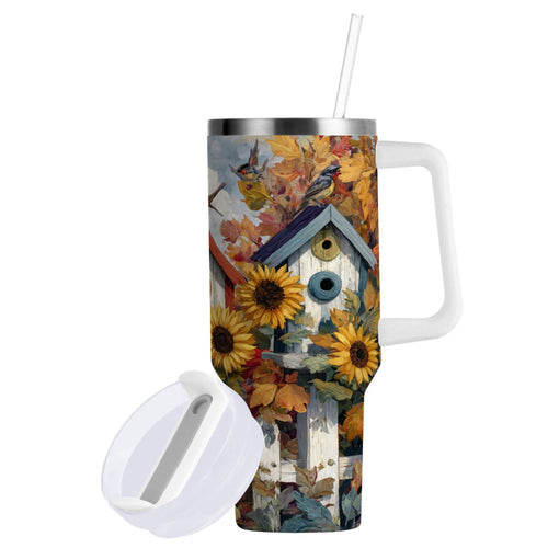 30 oz Insulated Stainless Steel Tumbler Double Wall Stainless Steel Tumbler with 2-Way Drinking Birdhouses with Sunflowers M474M