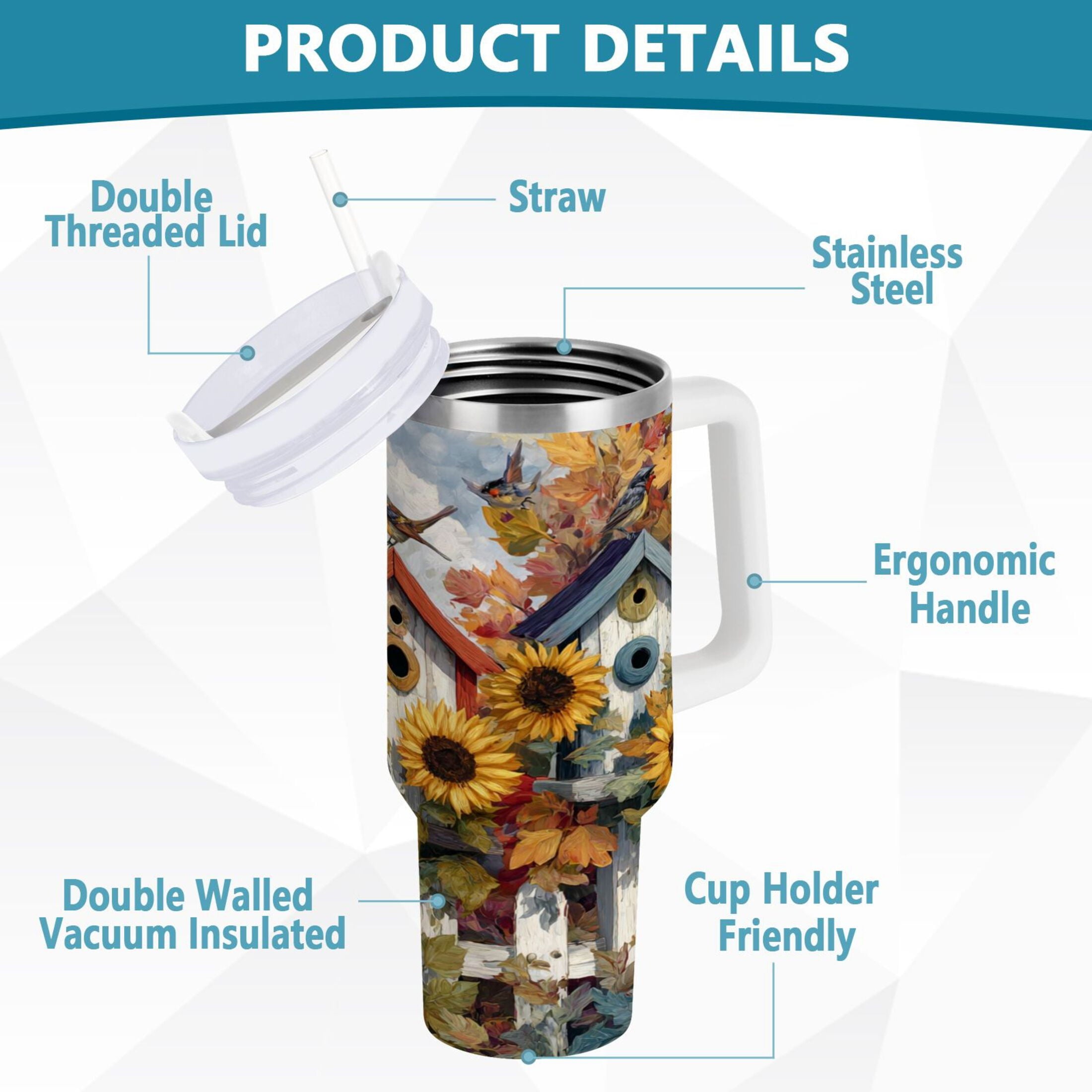 30 oz Insulated Stainless Steel Tumbler Double Wall Stainless Steel Tumbler with 2-Way Drinking Birdhouses with Sunflowers M474M