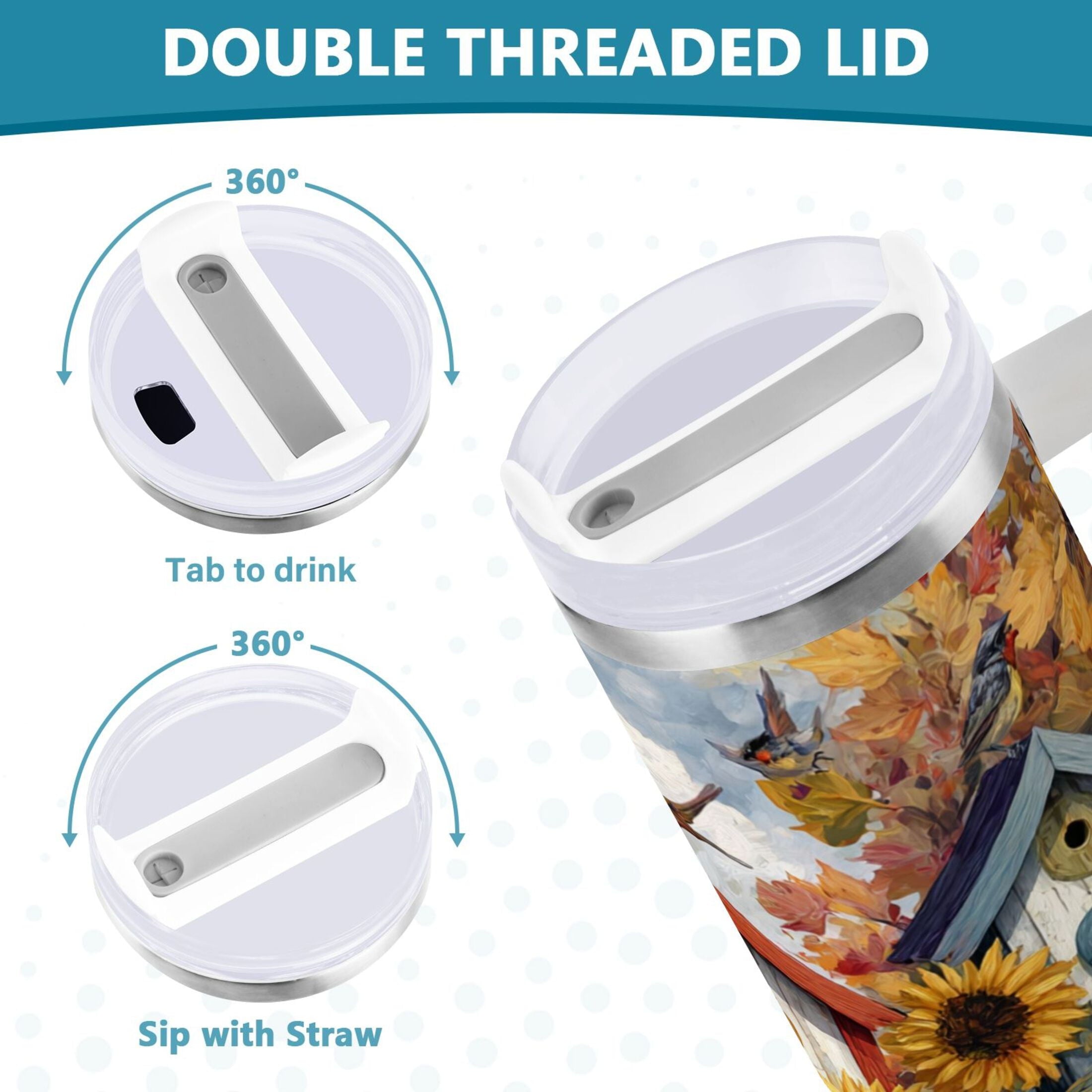 30 oz Insulated Stainless Steel Tumbler Double Wall Stainless Steel Tumbler with 2-Way Drinking Birdhouses with Sunflowers M474M