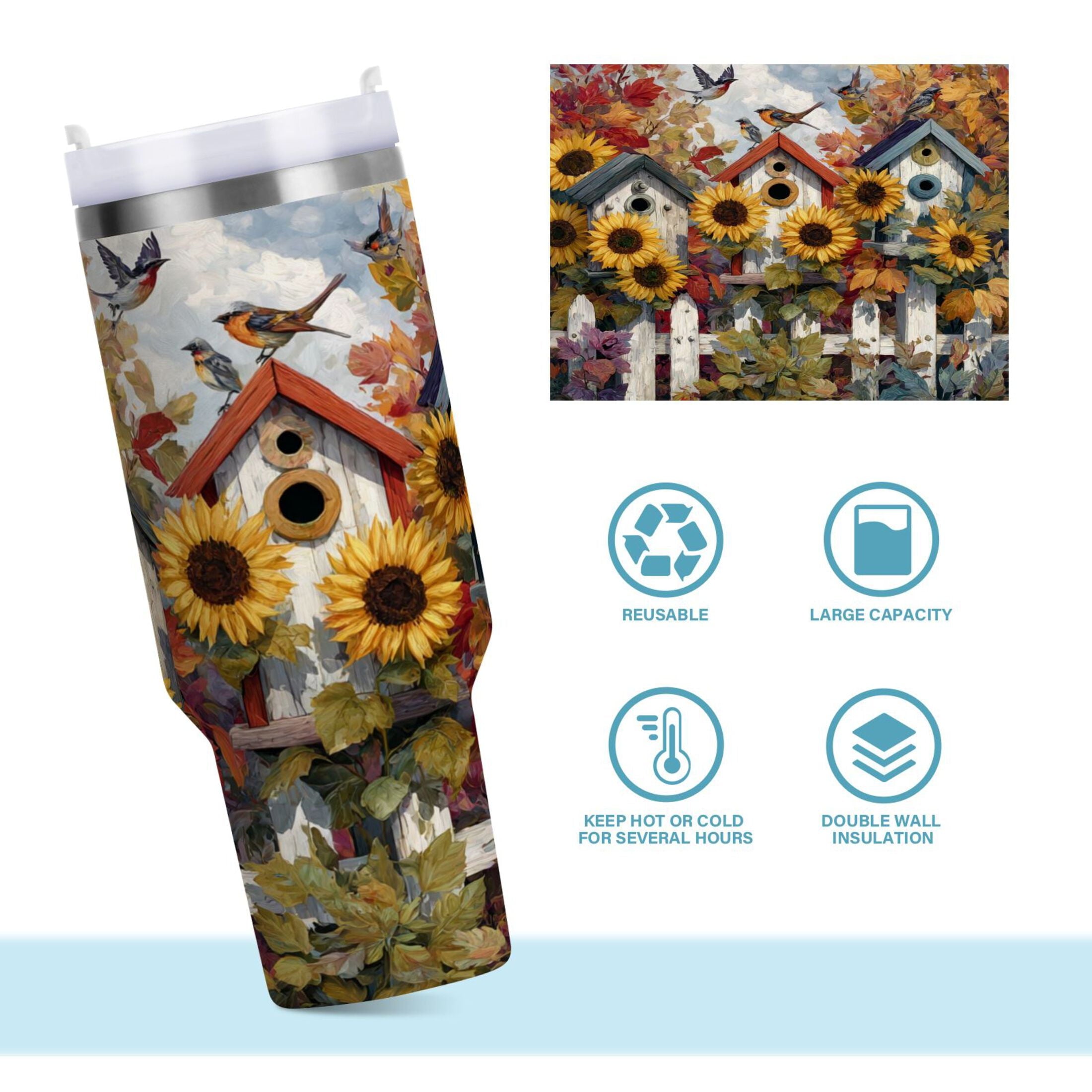 30 oz Insulated Stainless Steel Tumbler Double Wall Stainless Steel Tumbler with 2-Way Drinking Birdhouses with Sunflowers M474M