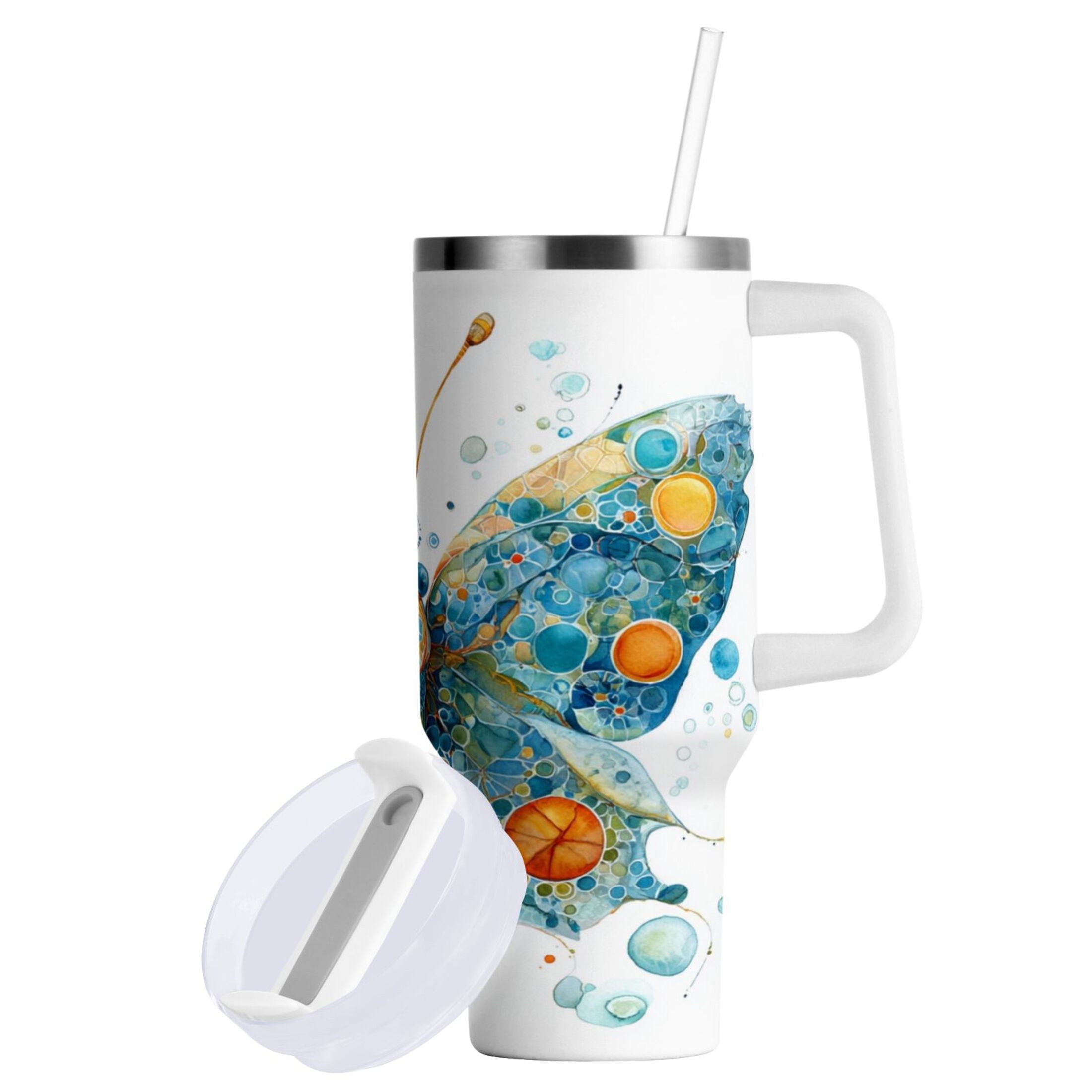 40 oz Insulated Stainless Steel Tumbler Double Wall Stainless Steel Tumbler with 2-Way Drinking Intricately Butterfly M484D