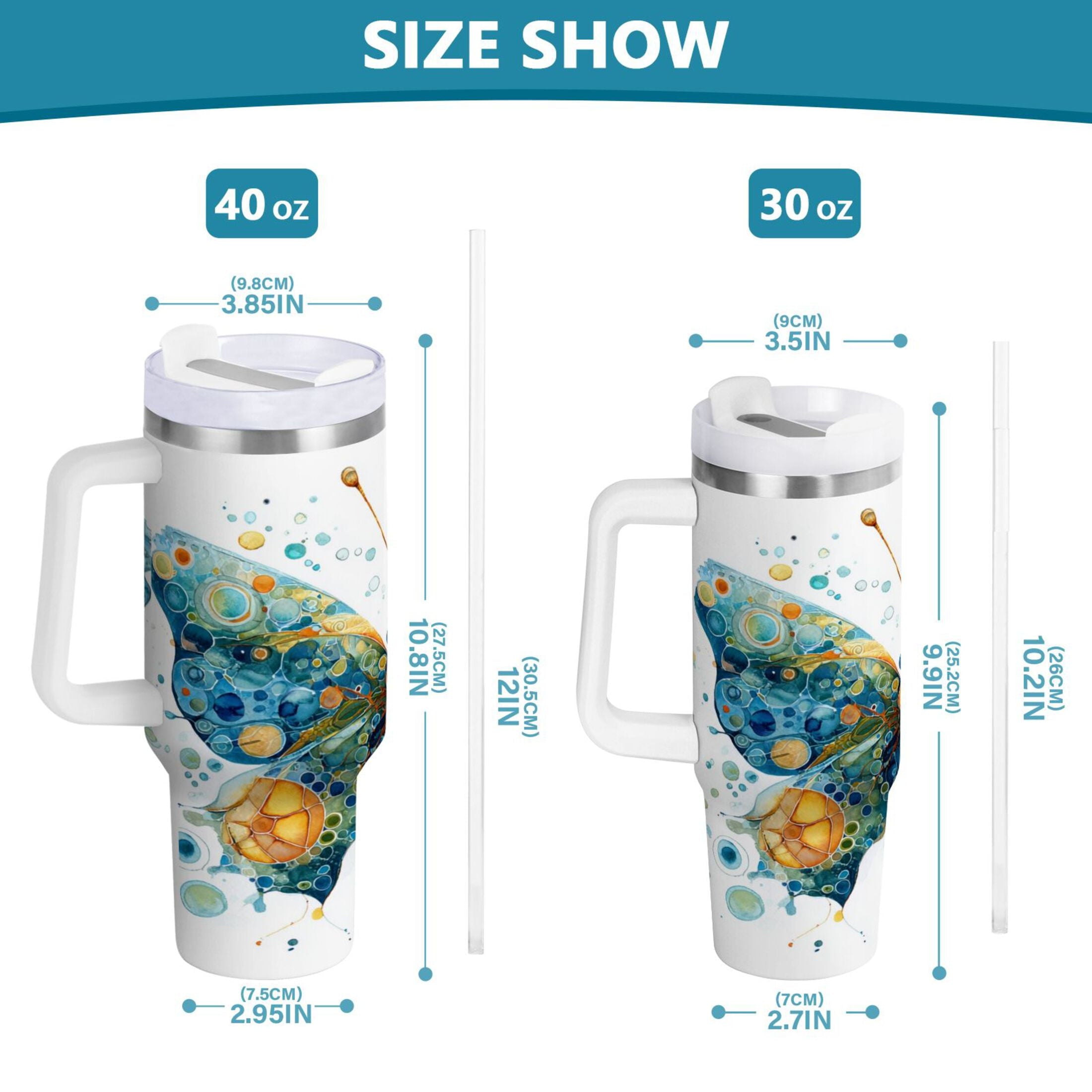 40 oz Insulated Stainless Steel Tumbler Double Wall Stainless Steel Tumbler with 2-Way Drinking Intricately Butterfly M484D