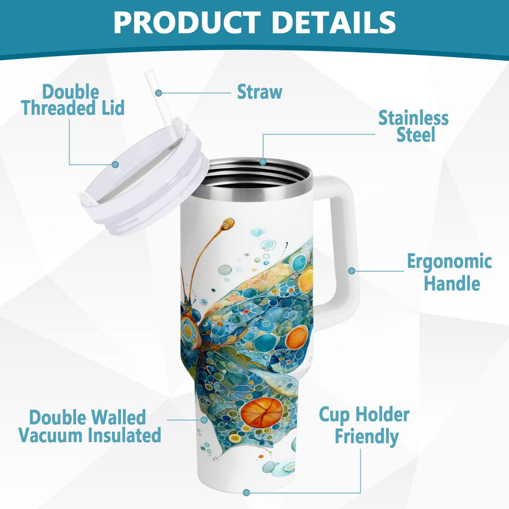 40 oz Insulated Stainless Steel Tumbler Double Wall Stainless Steel Tumbler with 2-Way Drinking Intricately Butterfly M484D