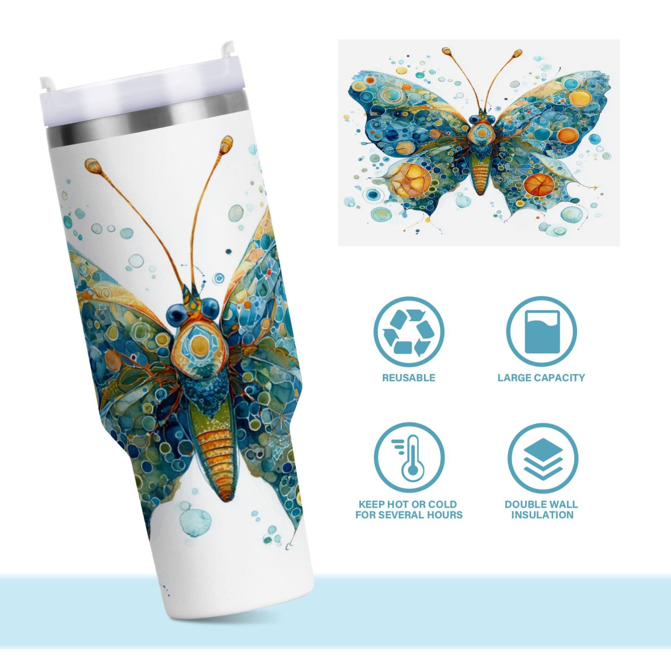 40 oz Insulated Stainless Steel Tumbler Double Wall Stainless Steel Tumbler with 2-Way Drinking Intricately Butterfly M484D