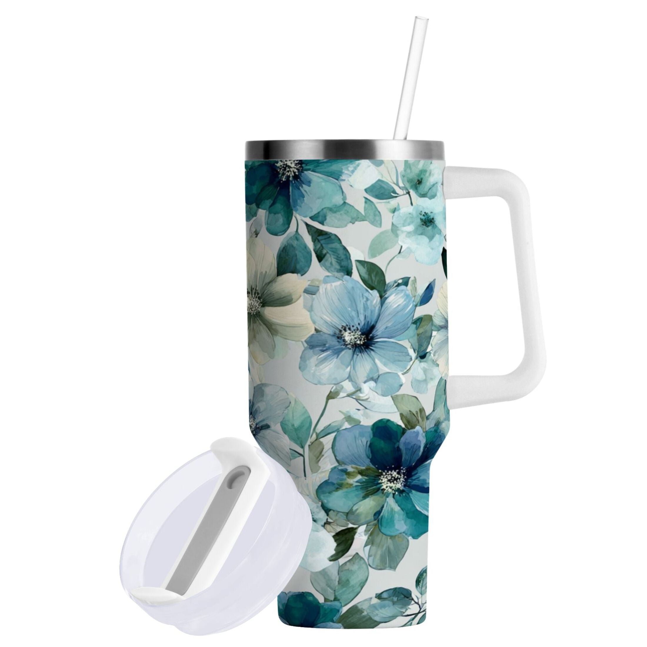 30 oz Insulated Stainless Steel Tumbler Double Wall Stainless Steel Tumbler with 2-Way Drinking Blue and Green Flowers M476Z