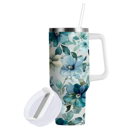 30 oz Insulated Stainless Steel Tumbler Double Wall Stainless Steel Tumbler with 2-Way Drinking Blue and Green Flowers M476Z