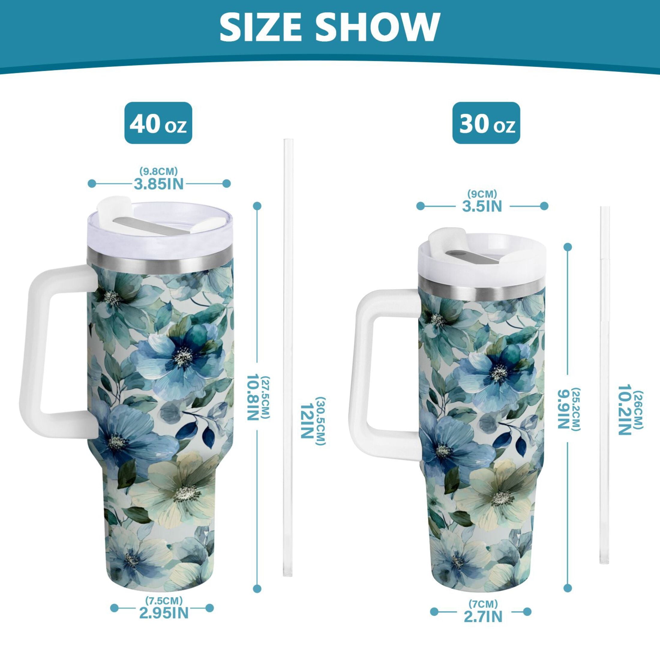 30 oz Insulated Stainless Steel Tumbler Double Wall Stainless Steel Tumbler with 2-Way Drinking Blue and Green Flowers M476Z