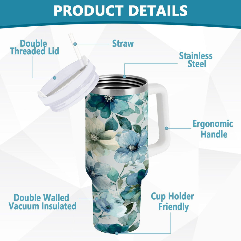 30 oz Insulated Stainless Steel Tumbler Double Wall Stainless Steel Tumbler with 2-Way Drinking Blue and Green Flowers M476Z