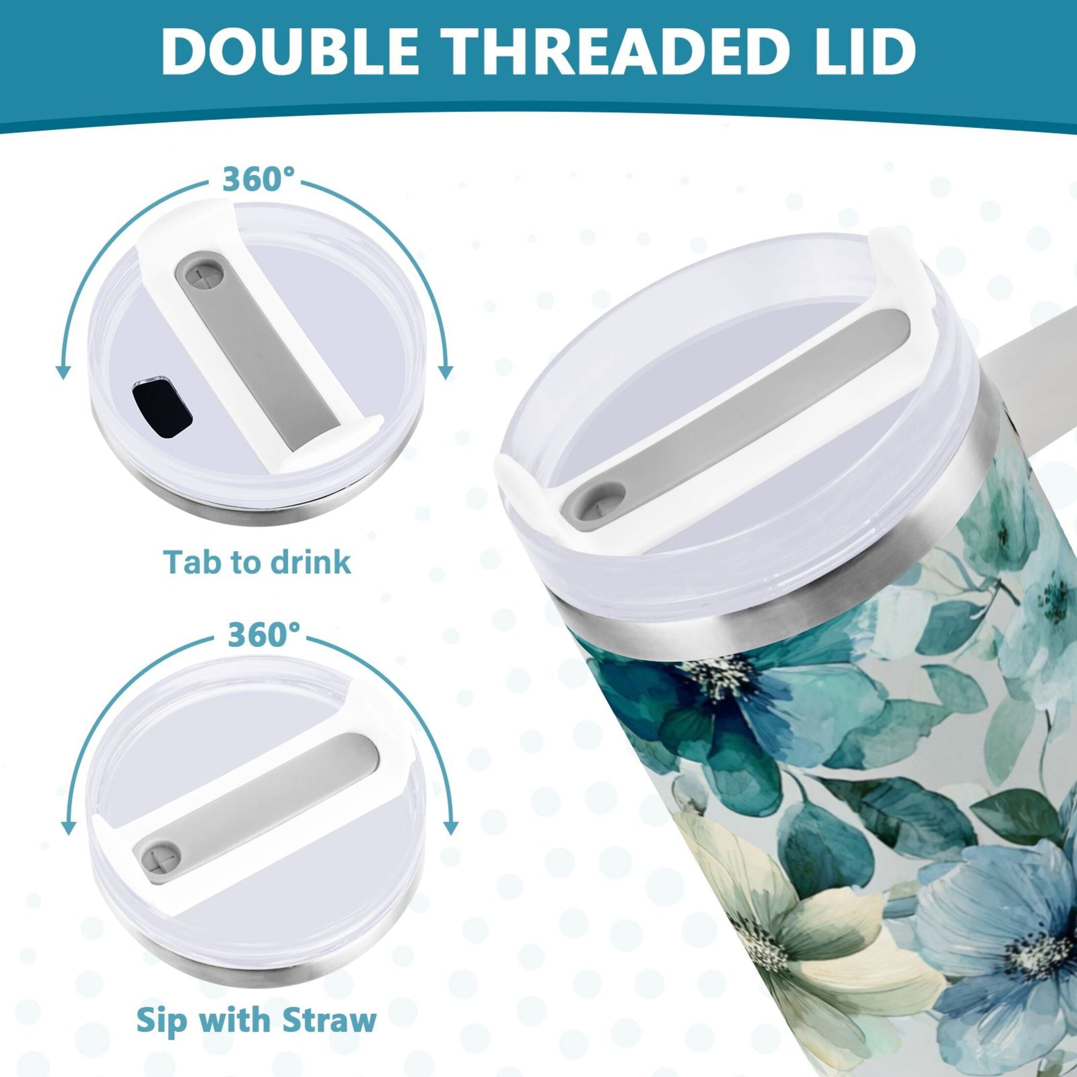 30 oz Insulated Stainless Steel Tumbler Double Wall Stainless Steel Tumbler with 2-Way Drinking Blue and Green Flowers M476Z