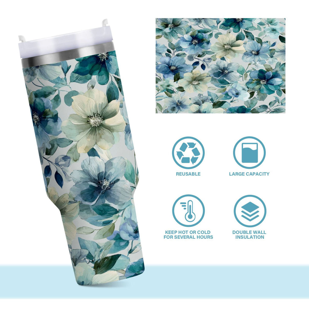 30 oz Insulated Stainless Steel Tumbler Double Wall Stainless Steel Tumbler with 2-Way Drinking Blue and Green Flowers M476Z