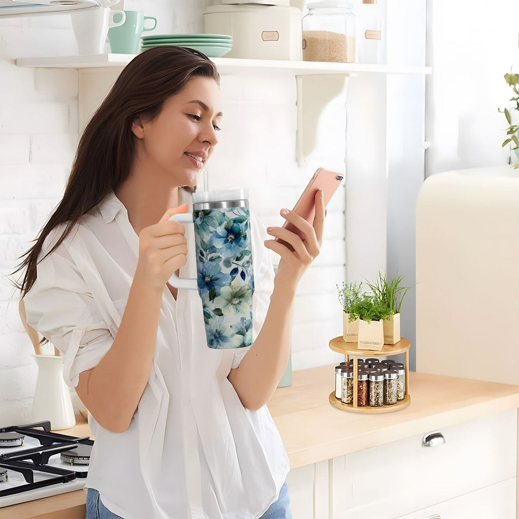 30 oz Insulated Stainless Steel Tumbler Double Wall Stainless Steel Tumbler with 2-Way Drinking Blue and Green Flowers M476Z