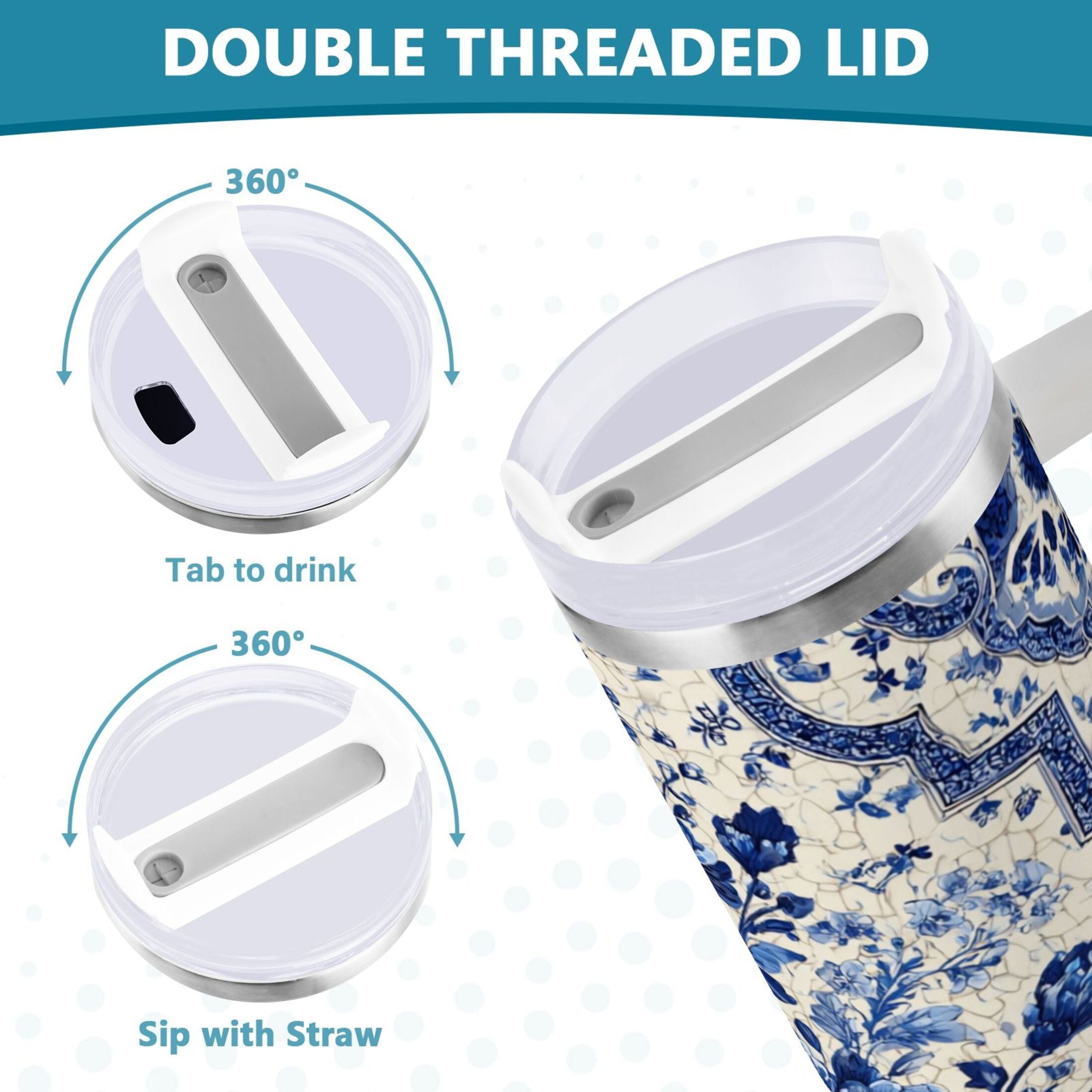 30 oz Insulated Stainless Steel Tumbler Double Wall Stainless Steel Tumbler with 2-Way Drinking Blue and White Porcelain-style M576Y