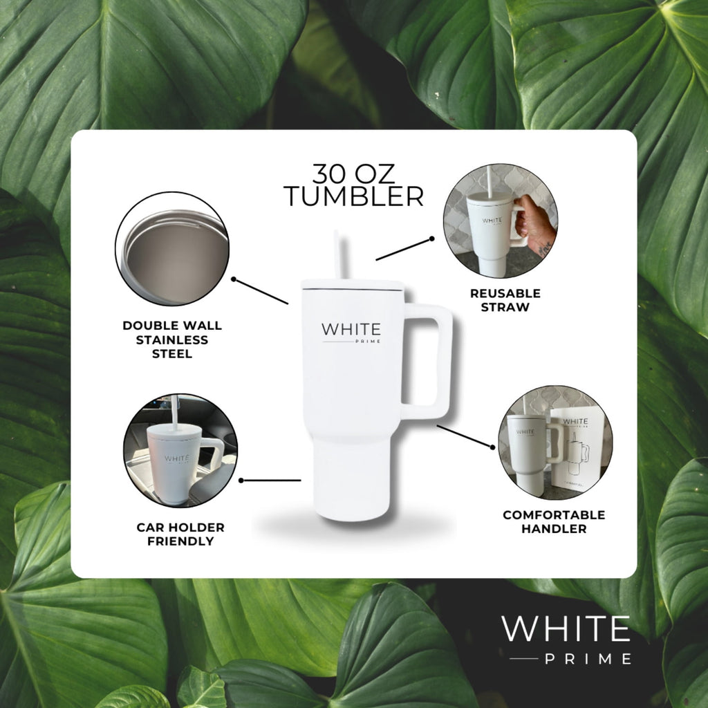 Tumbler 30 oz – Stainless Steel Cup with Handle and Lid | White Prime M420B