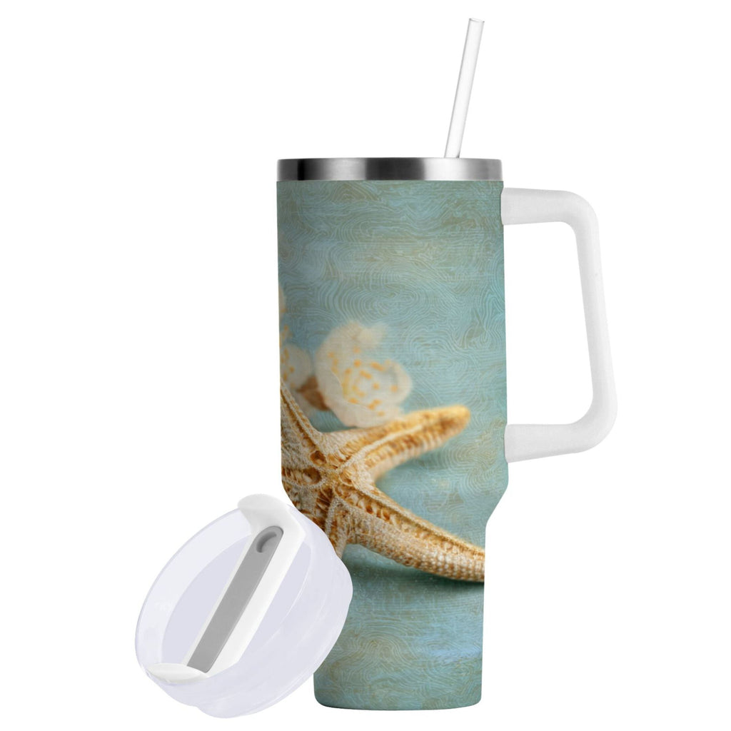 30 oz Insulated Stainless Steel Tumbler Double Wall Stainless Steel Tumbler with 2-Way Drinking Starfish with Flowers M451Q