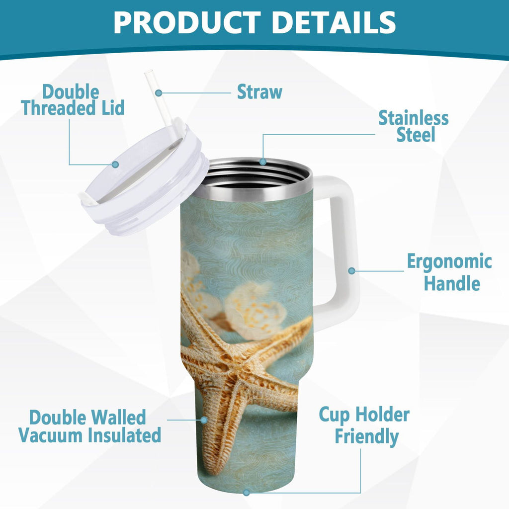 30 oz Insulated Stainless Steel Tumbler Double Wall Stainless Steel Tumbler with 2-Way Drinking Starfish with Flowers M451Q