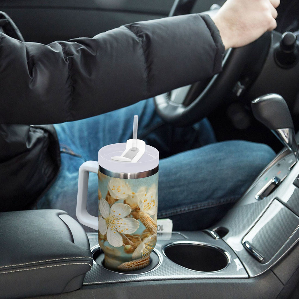 30 oz Insulated Stainless Steel Tumbler Double Wall Stainless Steel Tumbler with 2-Way Drinking Starfish with Flowers M451Q