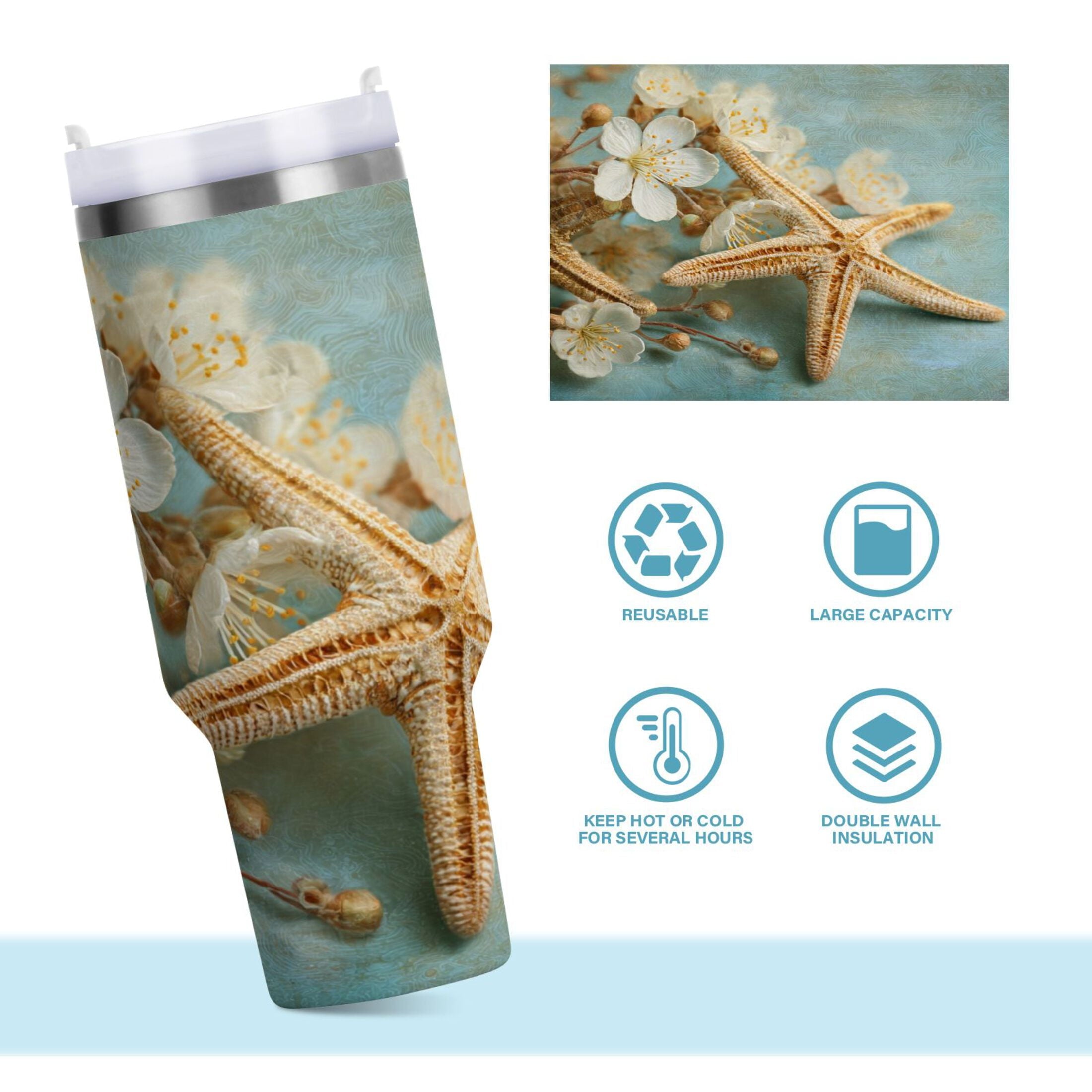 30 oz Insulated Stainless Steel Tumbler Double Wall Stainless Steel Tumbler with 2-Way Drinking Starfish with Flowers M451Q