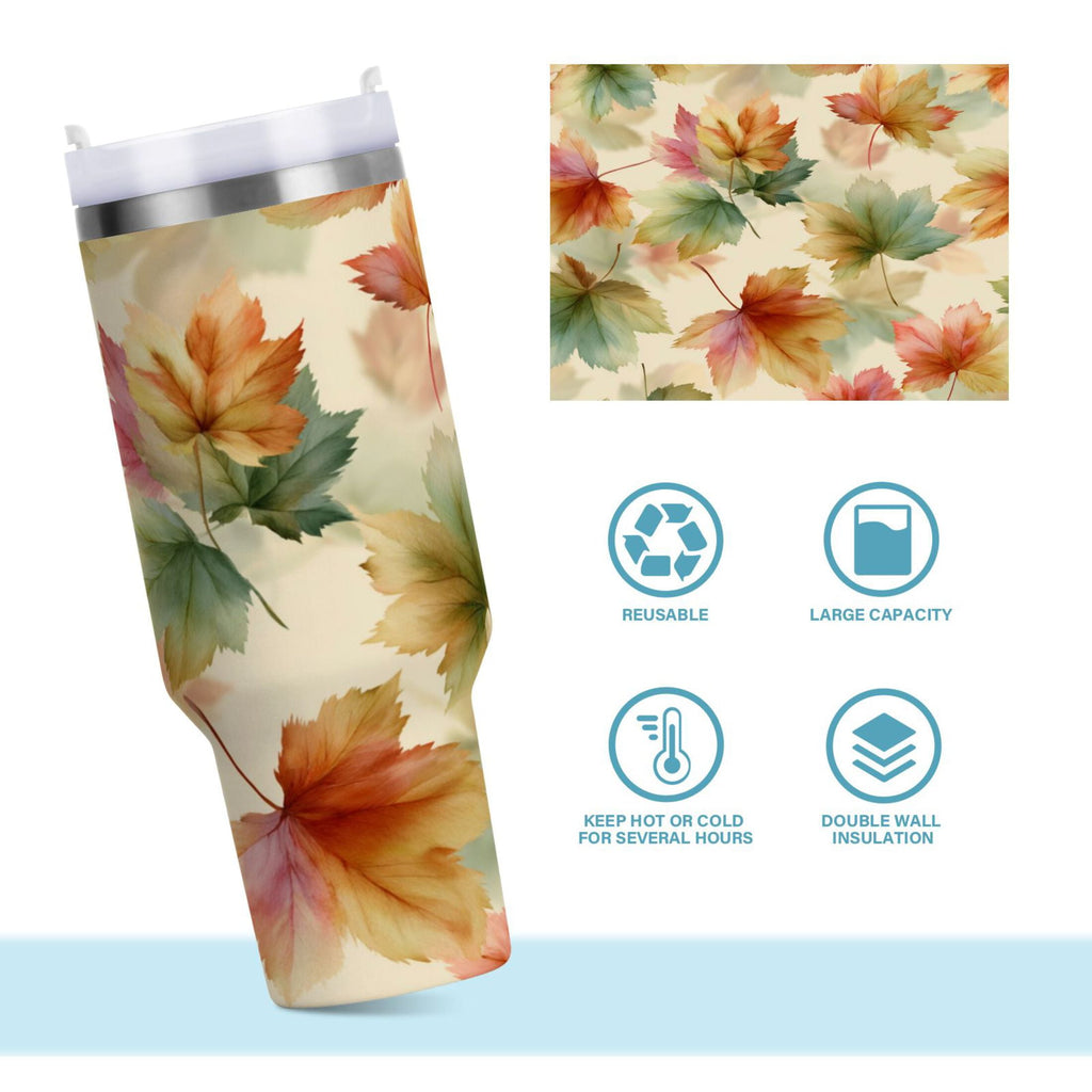 40 oz Insulated Stainless Steel Tumbler Double Wall Stainless Steel Tumbler with 2-Way Drinking Watercolor Maple Leaves Pattern M513P