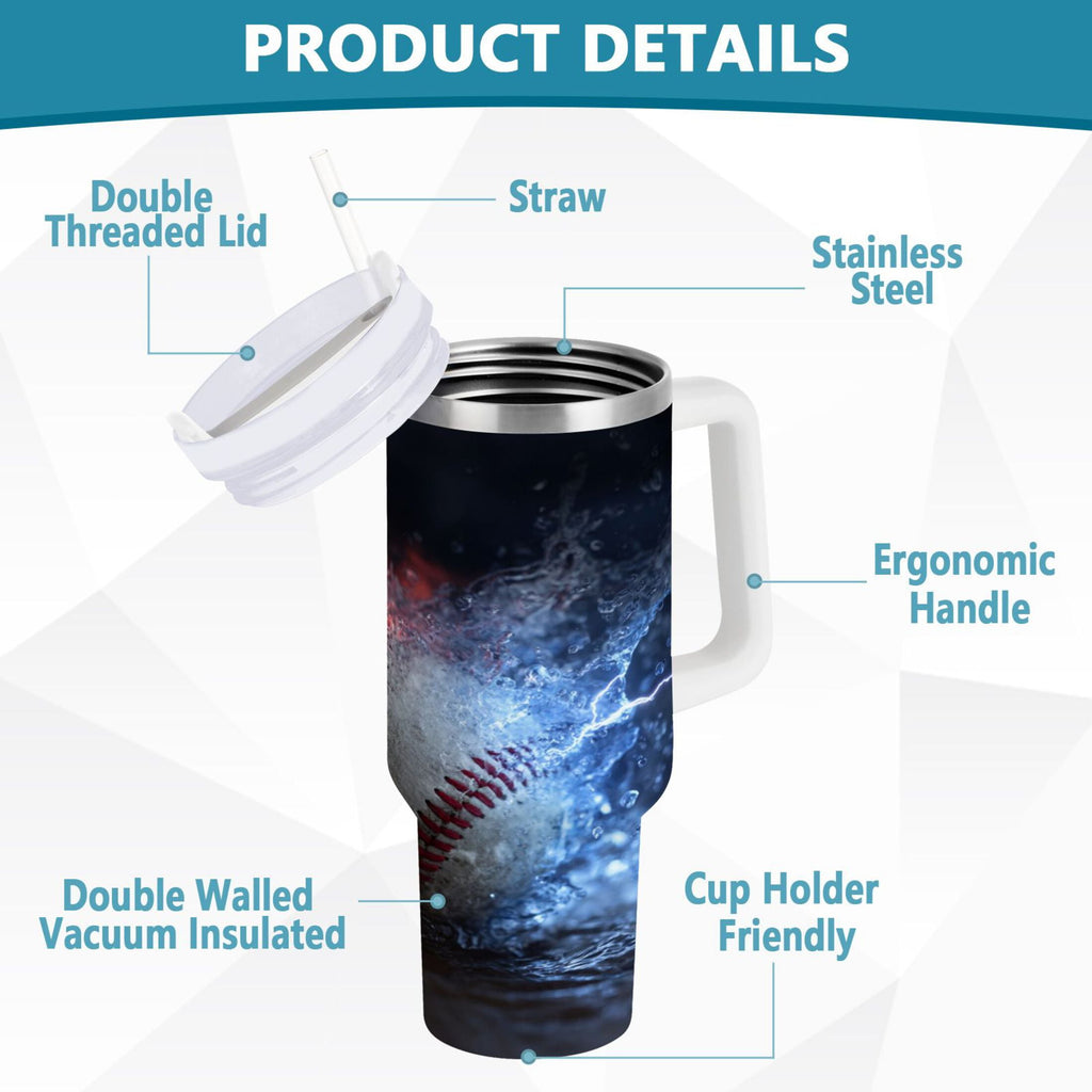 40 oz Insulated Stainless Steel Tumbler Double Wall Stainless Steel Tumbler with 2-Way Drinking Baseball with Water and Fire M680Y