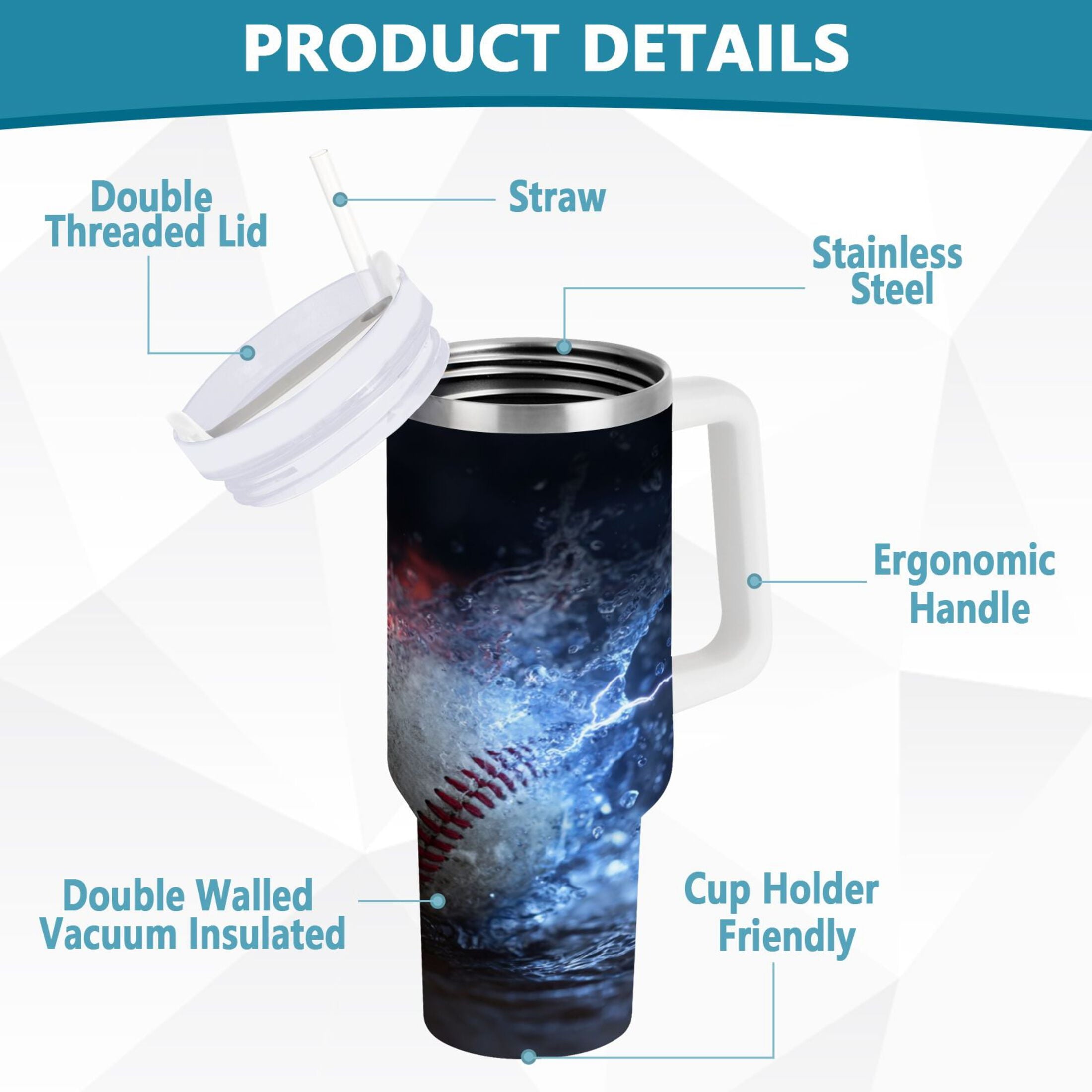 40 oz Insulated Stainless Steel Tumbler Double Wall Stainless Steel Tumbler with 2-Way Drinking Baseball with Water and Fire M680Y