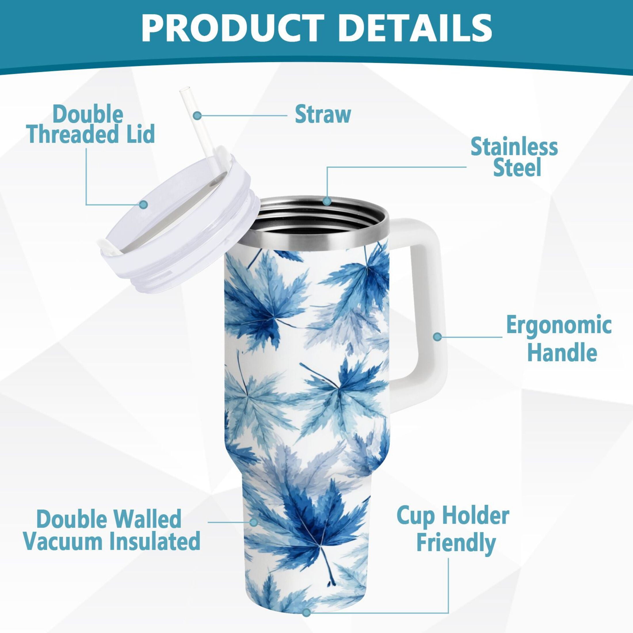 30 oz Insulated Stainless Steel Tumbler Double Wall Stainless Steel Tumbler with 2-Way Drinking Abstract Blue Maple Leaves M581Q