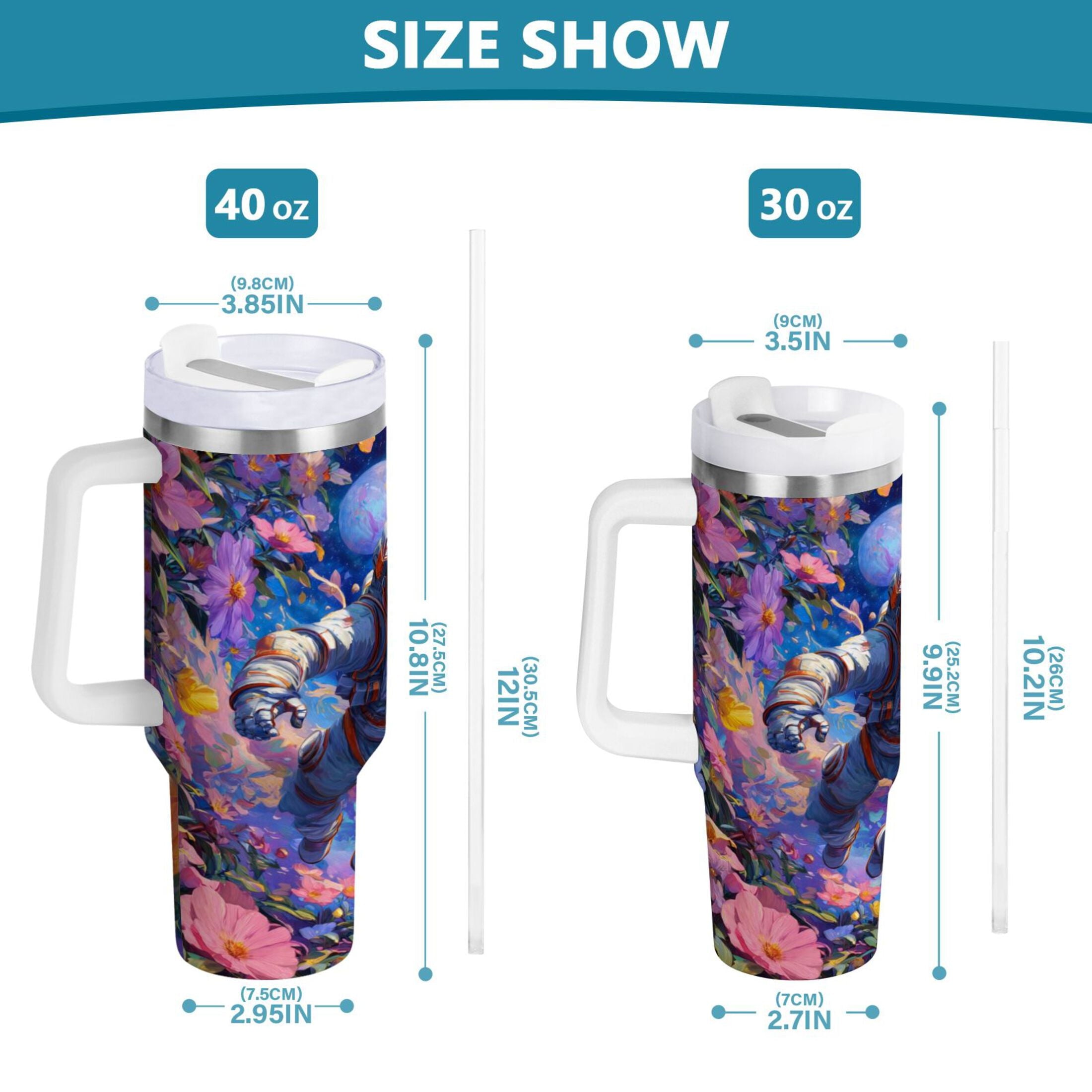 40 oz Insulated Stainless Steel Tumbler Double Wall Stainless Steel Tumbler with 2-Way Drinking Astronaut and Colorful Flowers M562A