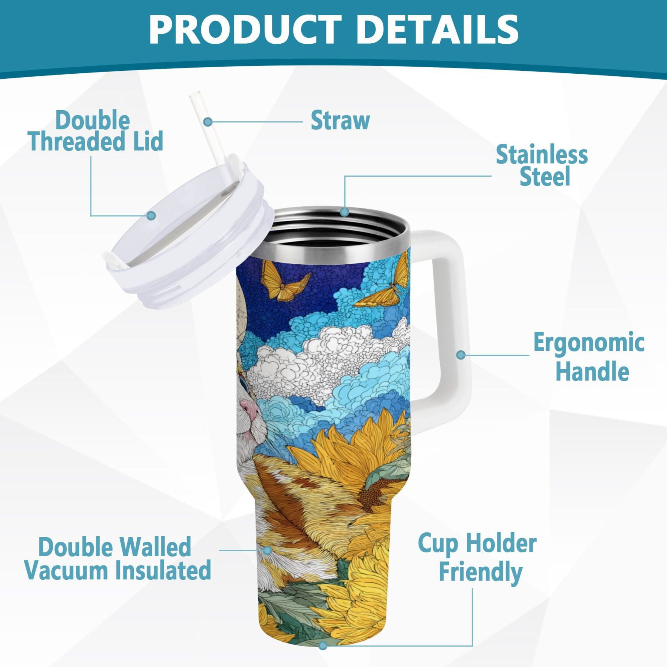 40 oz Insulated Stainless Steel Tumbler Double Wall Stainless Steel Tumbler with 2-Way Drinking Cat Lies in The Sunflowers M651U