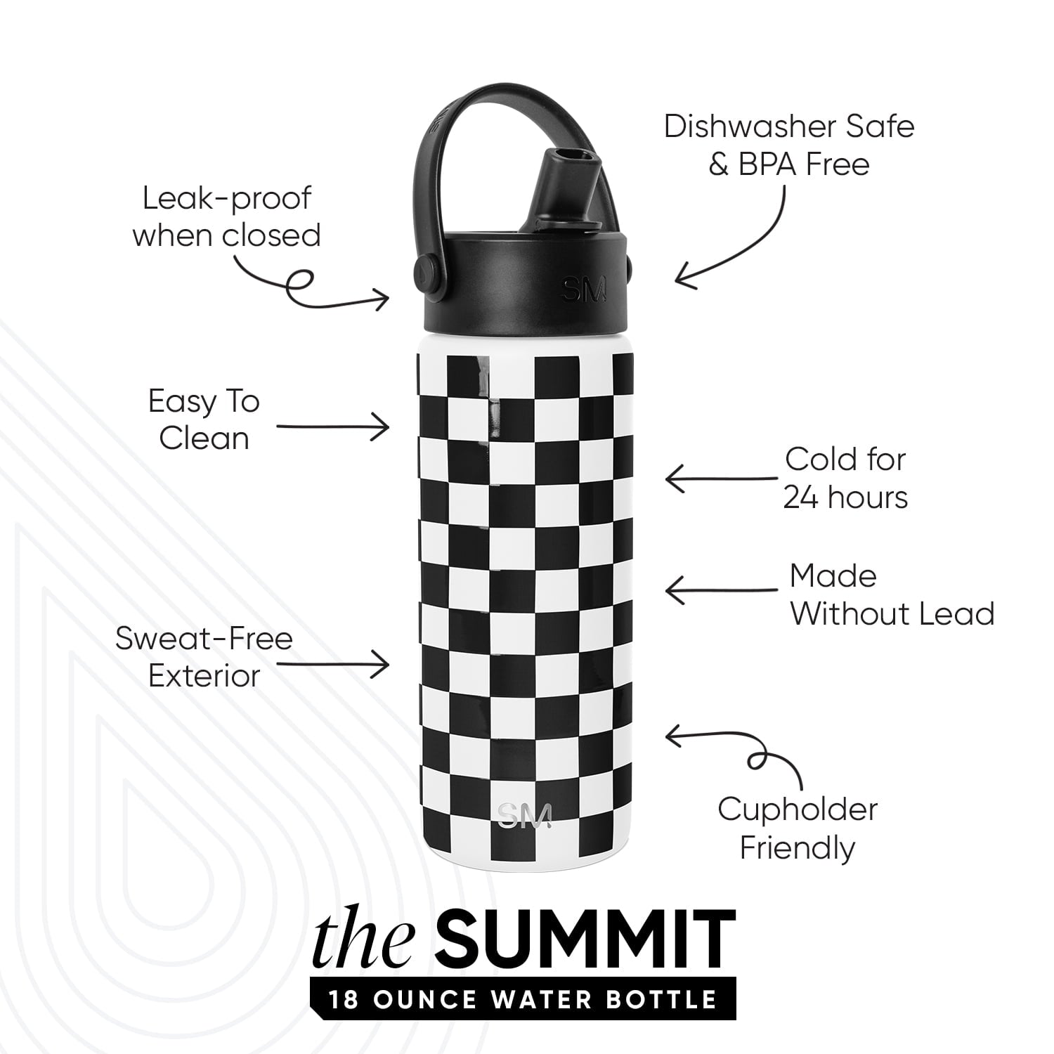 Simple Modern 18 fl oz Insulated Stainless Steel Summit Wide Mouth Water Bottle with Handle and Straw Lid|Black and White Checkmate M398P