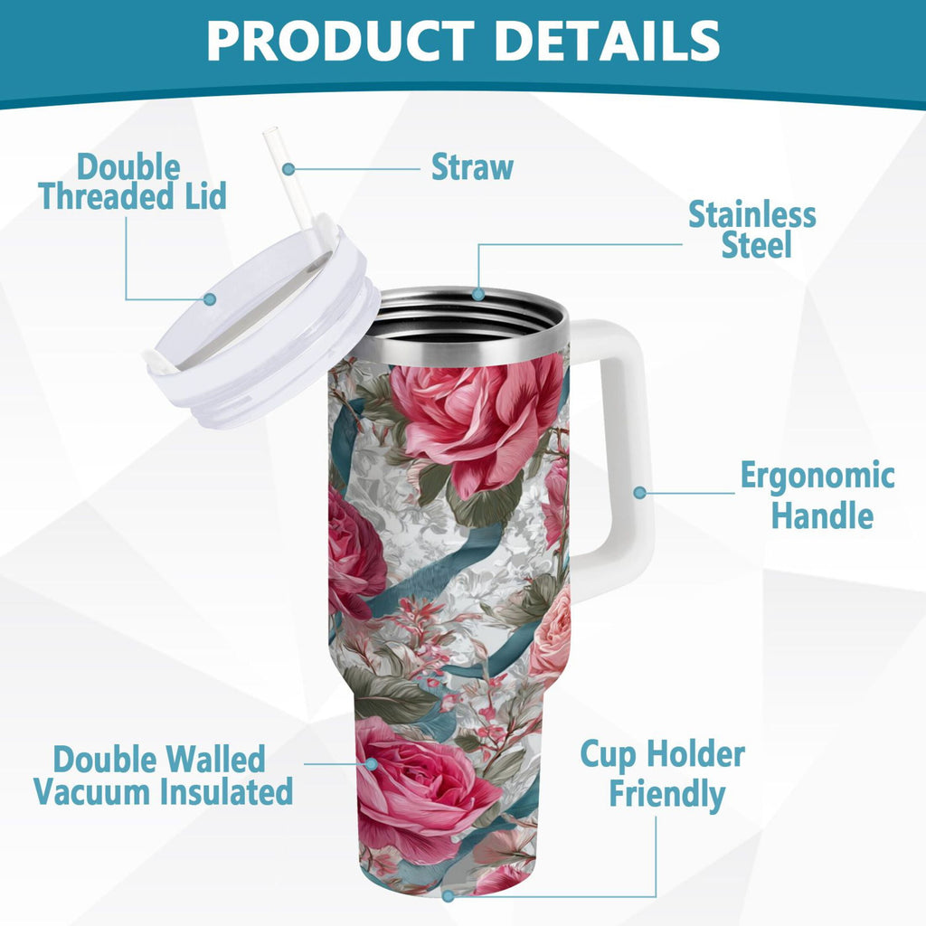 30 oz Insulated Stainless Steel Tumbler Double Wall Stainless Steel Tumbler with 2-Way Drinking Roses and Ribbons M675U