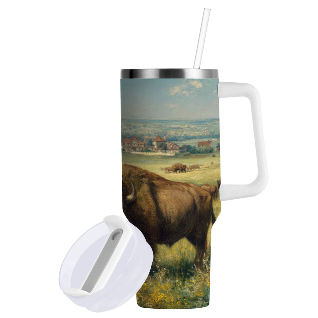 30 oz Insulated Stainless Steel Tumbler Double Wall Stainless Steel Tumbler with 2-Way Drinking Buffalo Herd Oil Painting M660T