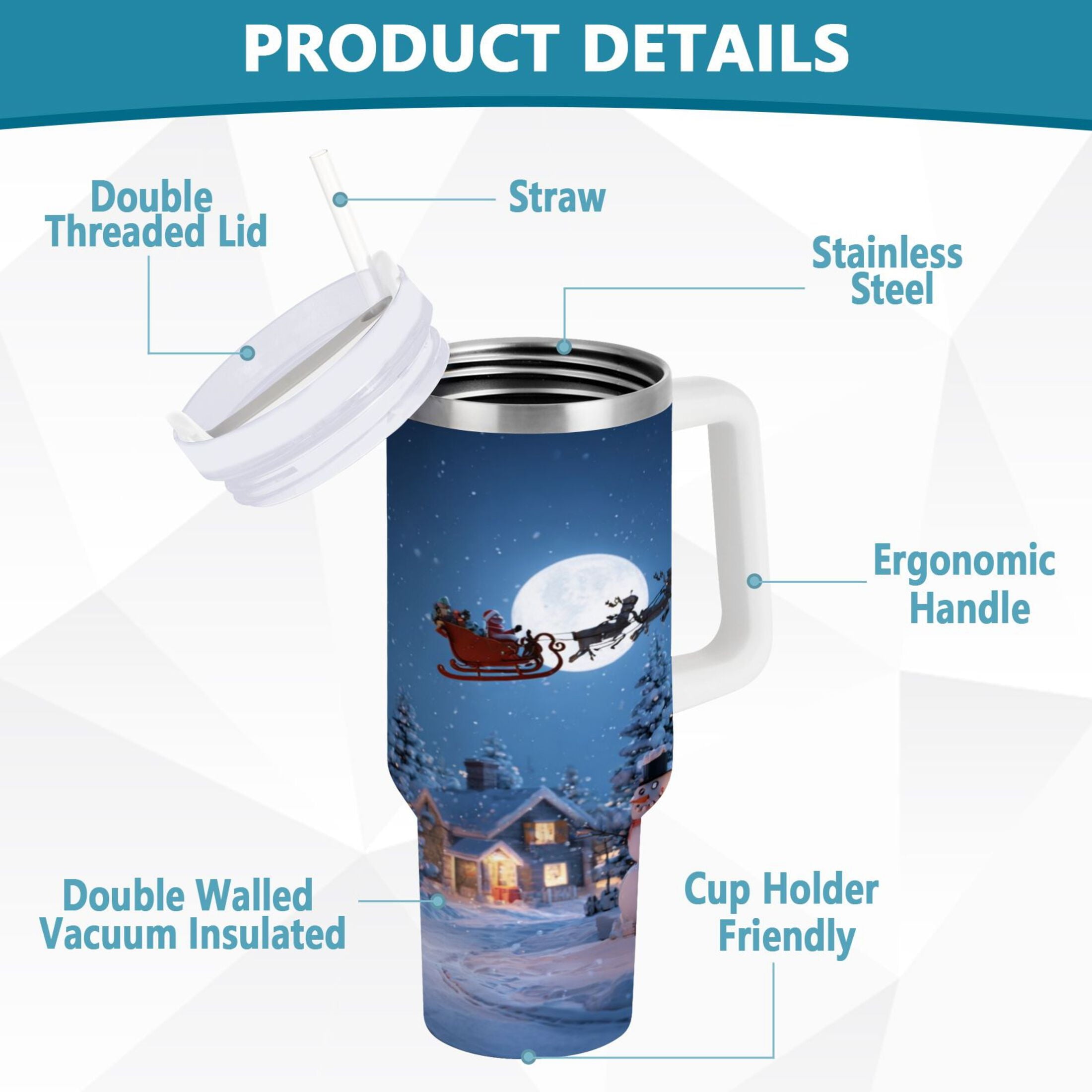30 oz Insulated Stainless Steel Tumbler Double Wall Stainless Steel Tumbler with 2-Way Drinking Christmas Night Scene M606P