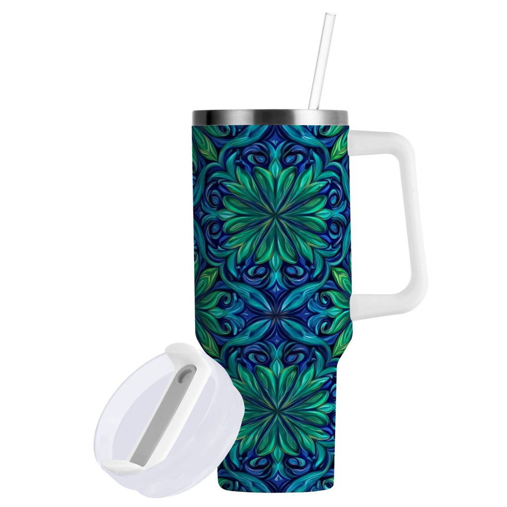 40 oz Insulated Stainless Steel Tumbler Double Wall Stainless Steel Tumbler with 2-Way Drinking Elegant Blue Traditional Patterns M603U