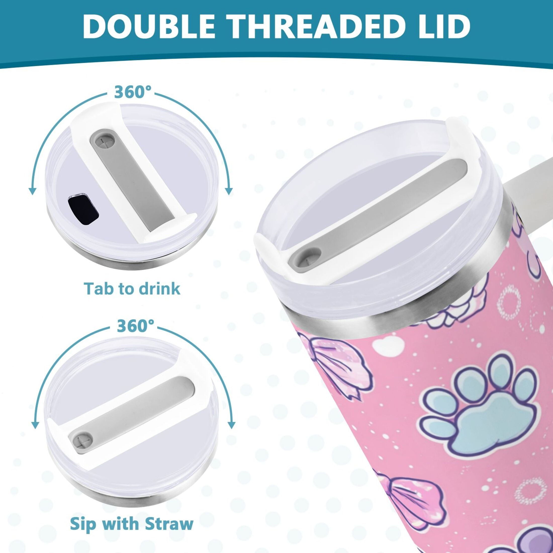 30 oz Insulated Stainless Steel Tumbler Double Wall Stainless Steel Tumbler with 2-Way Drinking Dog Paw Prints and Bows M648H