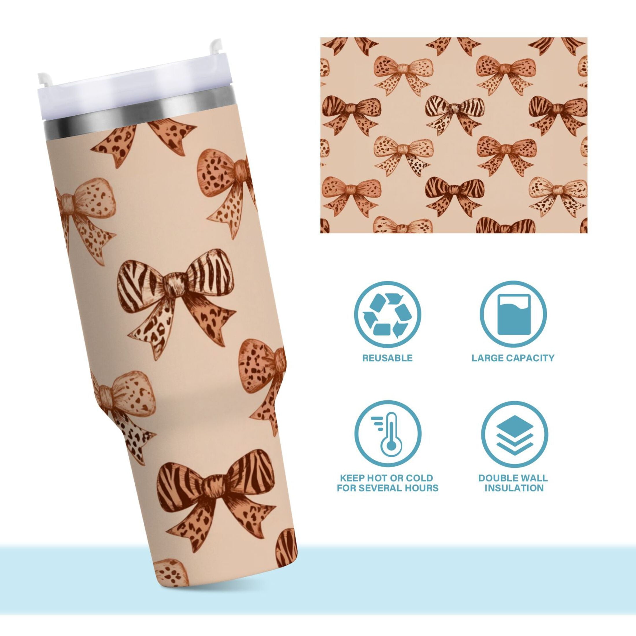 40 oz Insulated Stainless Steel Tumbler Double Wall Stainless Steel Tumbler with 2-Way Drinking Leopard Print Bow M550L